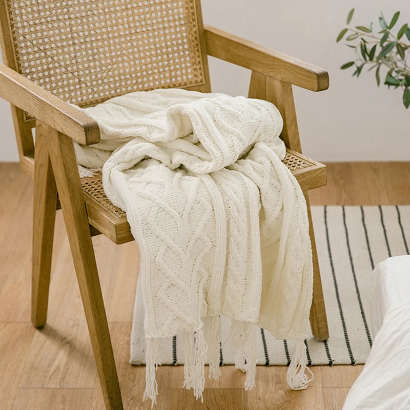 Scandinavian Fringe Knitted Throw Blanket