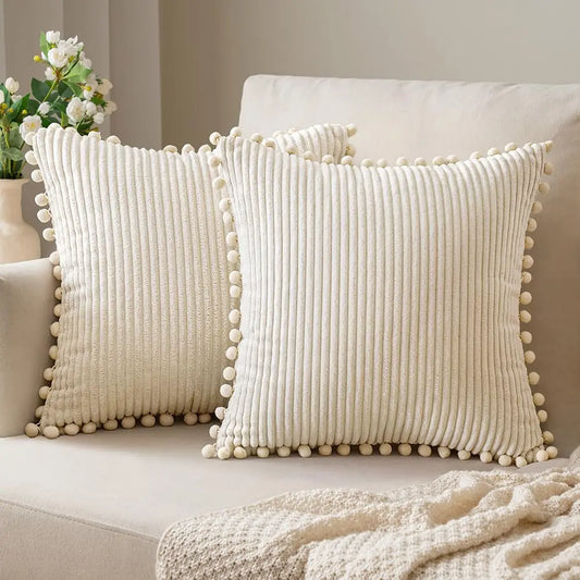 Pompom Corduroy Striped Pillowcase