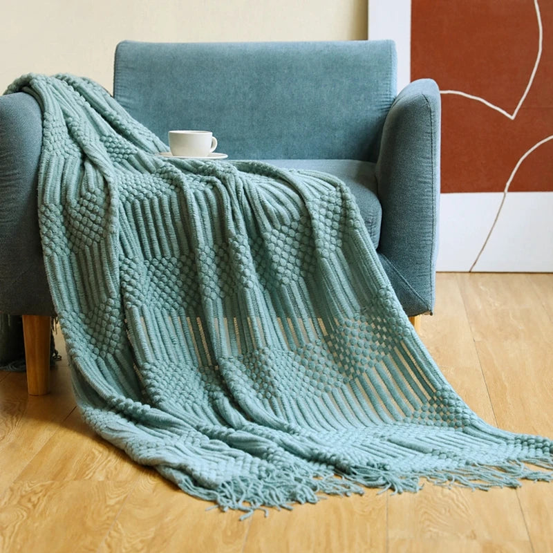Geometric Striped Fringe Throw Blanket