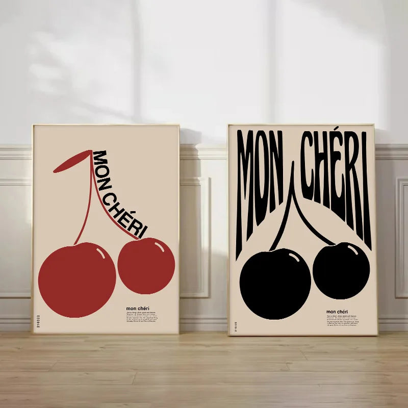 Retro Black and Red Cherry Mon Cheri Wall Print